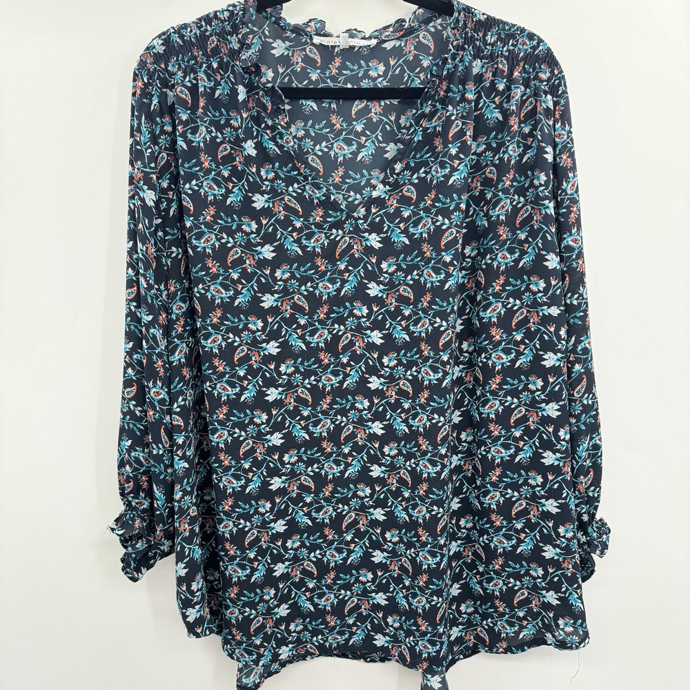 Violet & Claire Garden Floral Blouse Sz 2X Blue Bishop Sleeve Relaxed Office